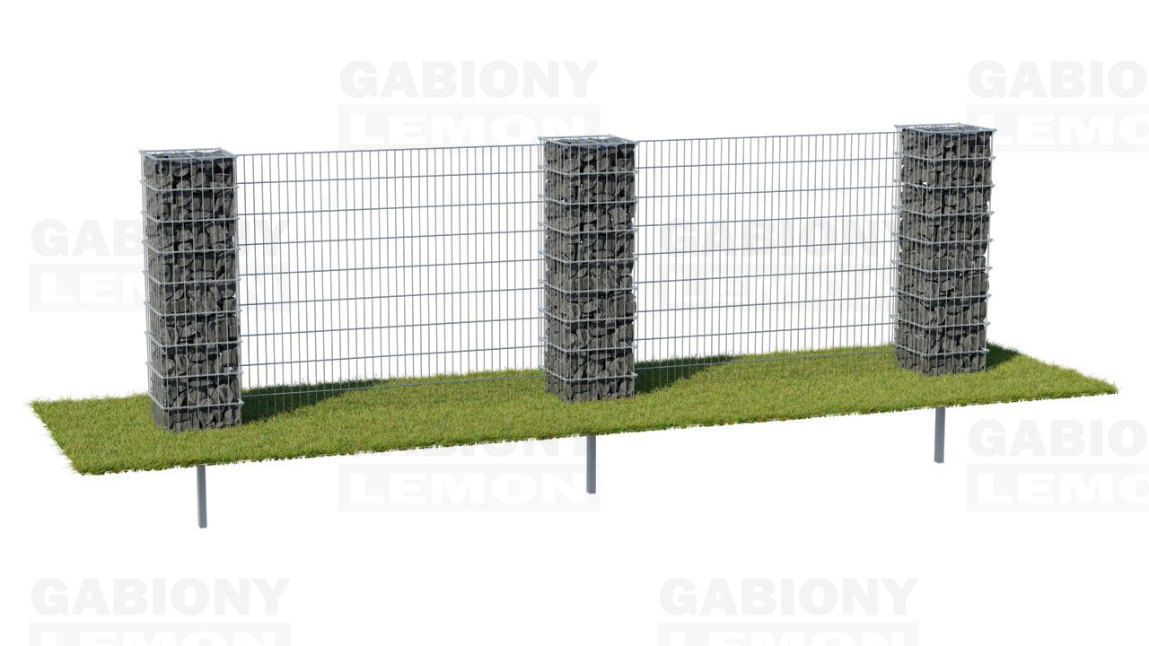 gabionové sloupky s 2D plotovými panely až po zem