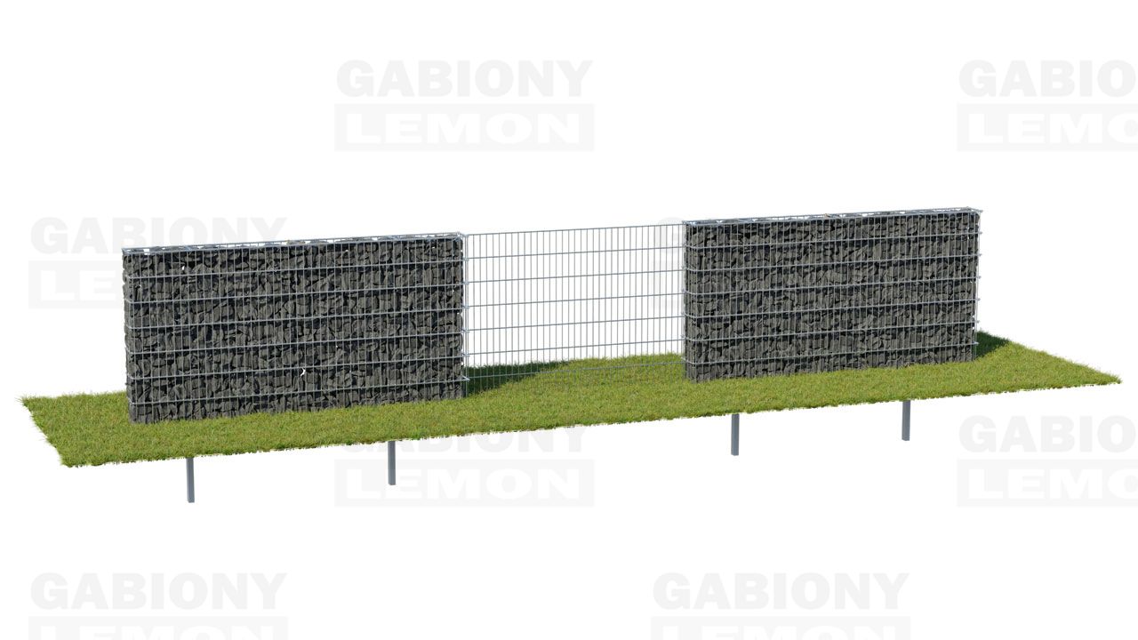průhledný plot z 2D panelů s neprůhledným gabionovým plotem
